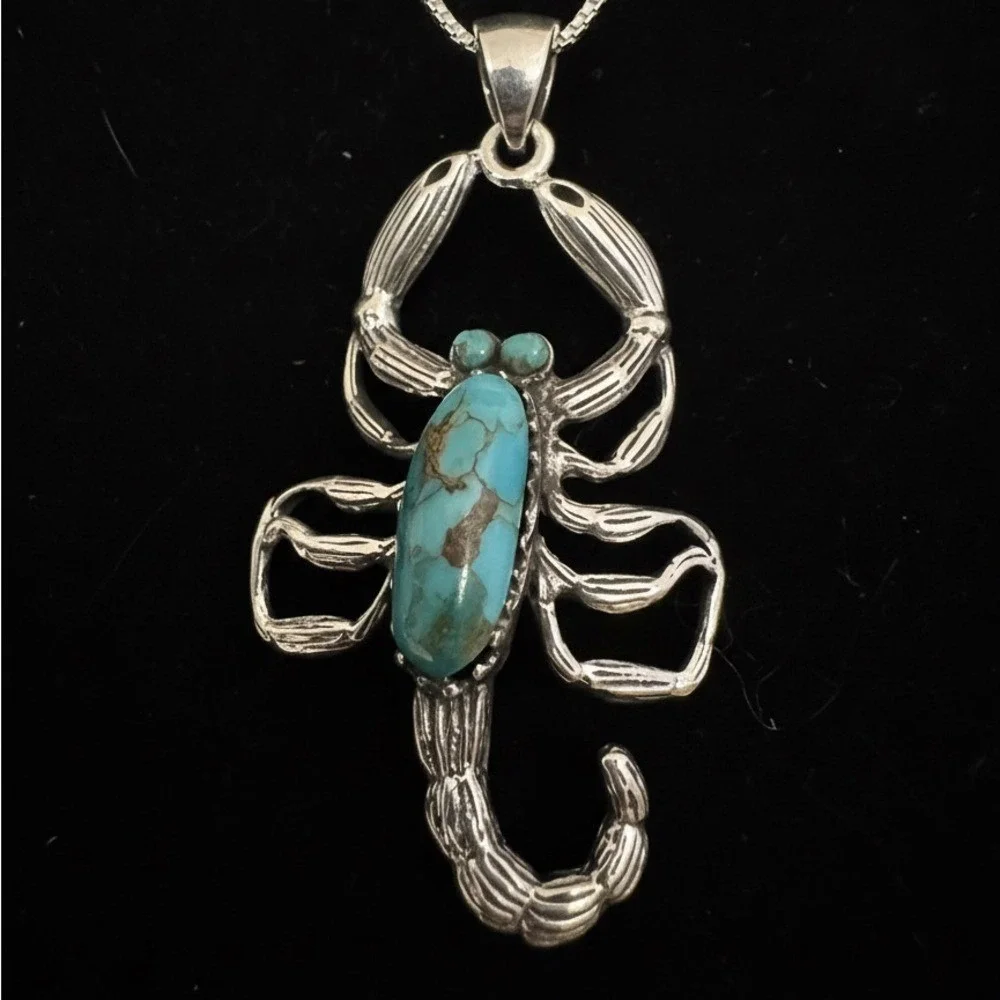 Sterling Silver Scorpion‎ Pendant with genuine turquoise Necklace